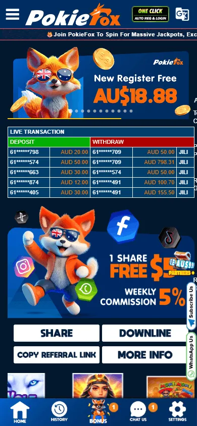 Pokiefox Casino mobile home experience with casino access and account features