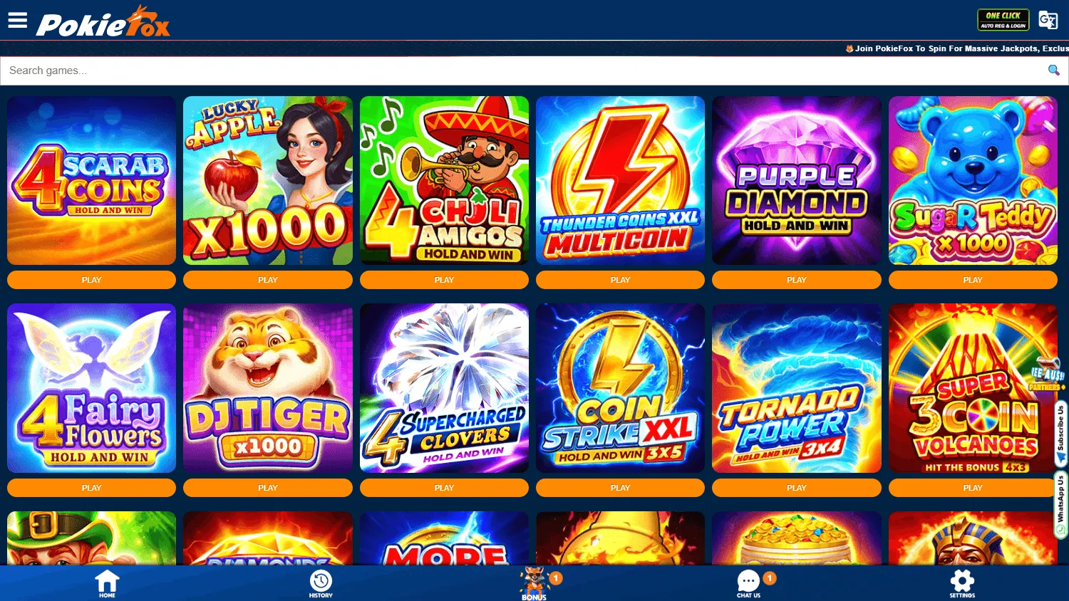 Pokiefox Casino desktop games area with pokies and table game categories