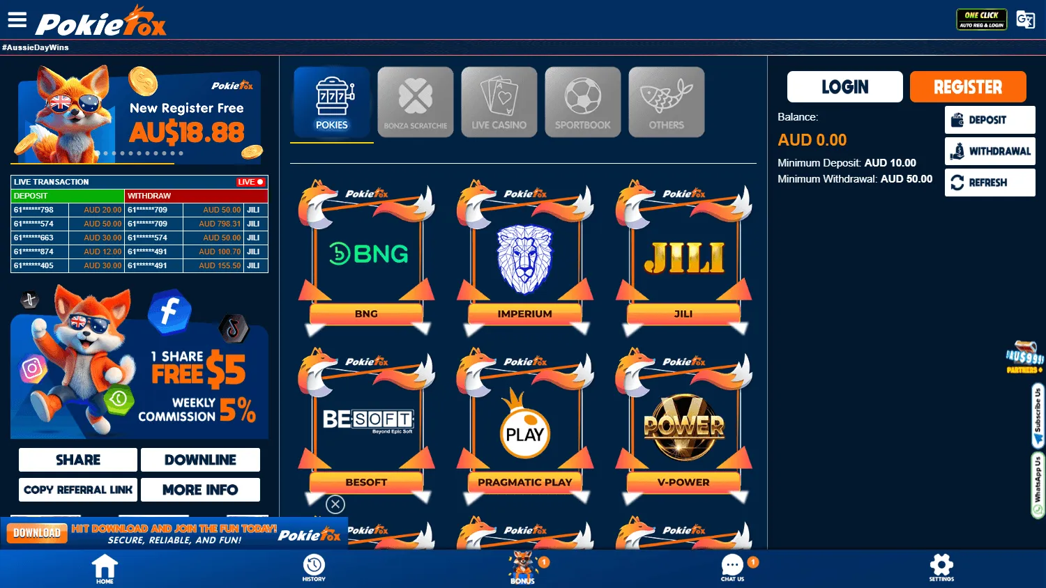 Pokiefox Casino desktop home experience with AUD casino offers and account features