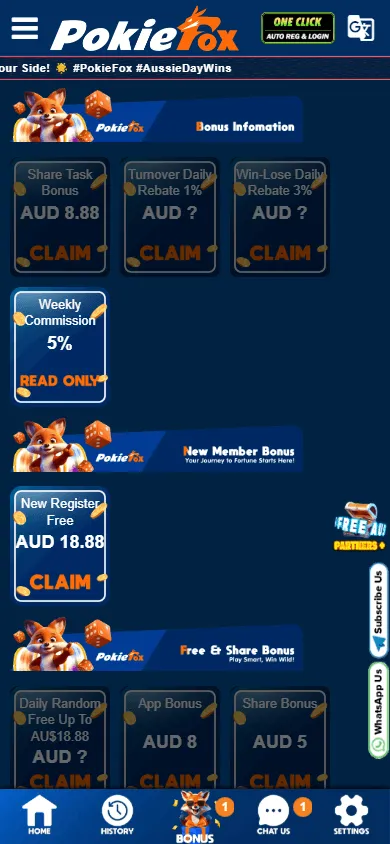 Pokiefox Casino mobile promotions showing the welcome and registration offers