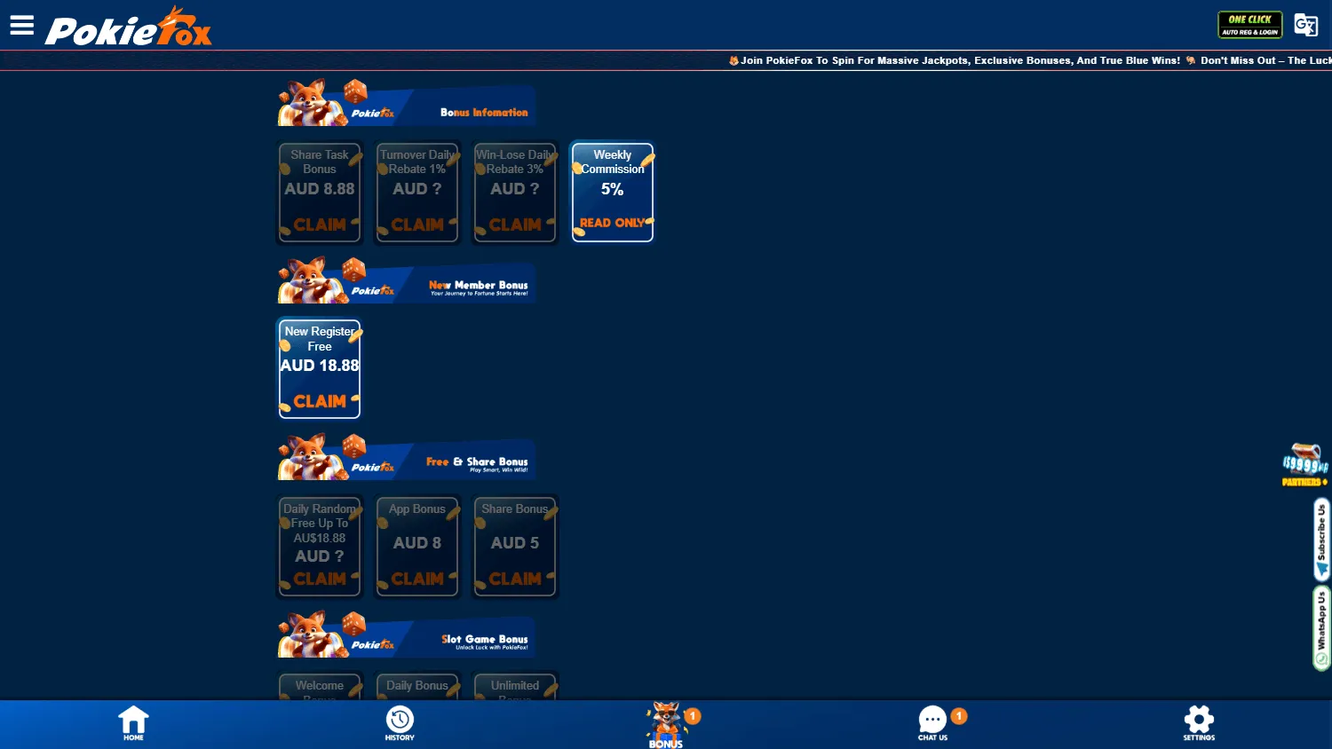 Pokiefox Casino desktop promotions showing the welcome and registration offers