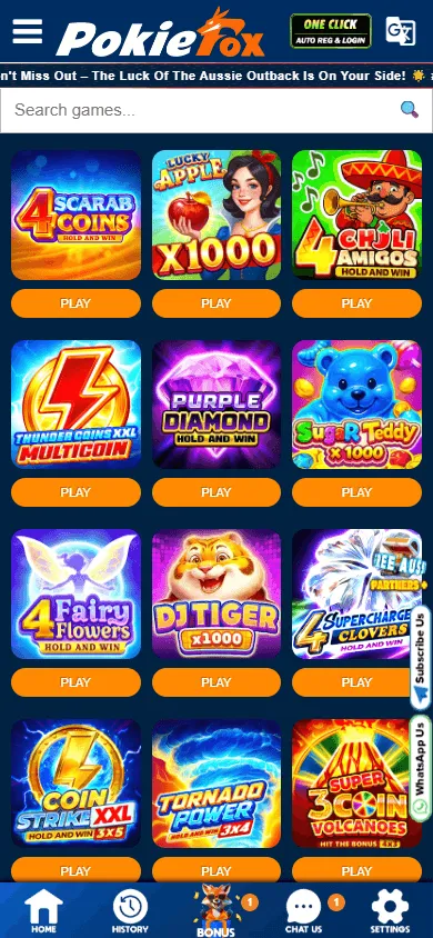 Pokiefox Casino mobile games area with pokies and table game categories